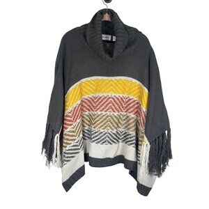 Retro Striped Knit Sweater Gray OS Fringe Western Poncho Shawl Chevron Chic Art